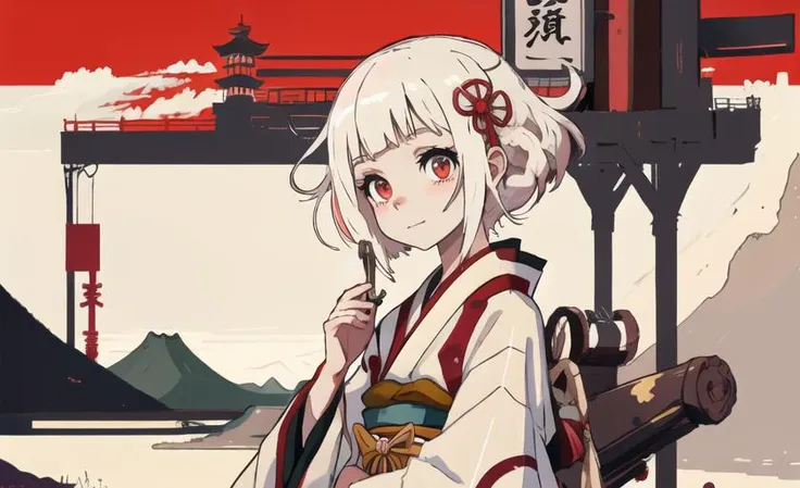 (masterpiece:1), (best quality:1), 1girl, (omnipresent:1.25), (creation:1.25), black theme, red background, white dress, (white hair:3), (red eyes:1), portrait, japan, detailed eyes, black iris, japanese buildings, mountains