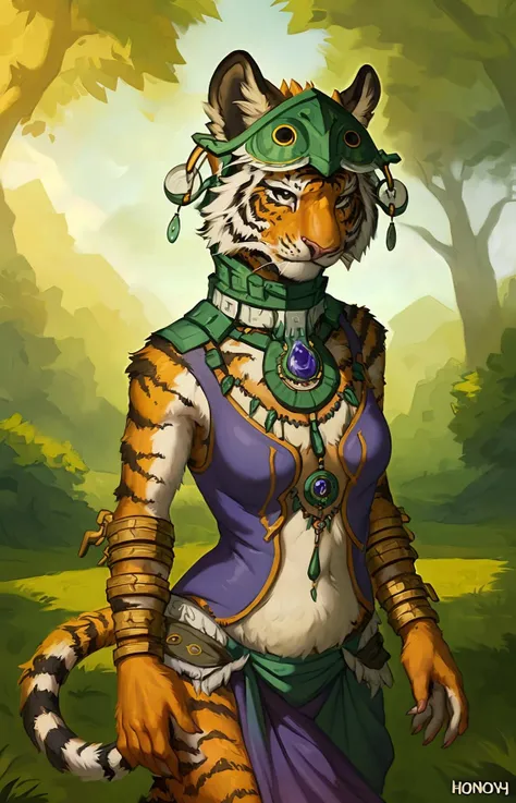 <lora:mineru2.2:1>
beautiful and detailed portrait,honovy hioshiru foxovh, mineruwear, ((tiger)), tail, mask, collar, necklace,curvy figure, outside, park,[[midriff]],arm bands