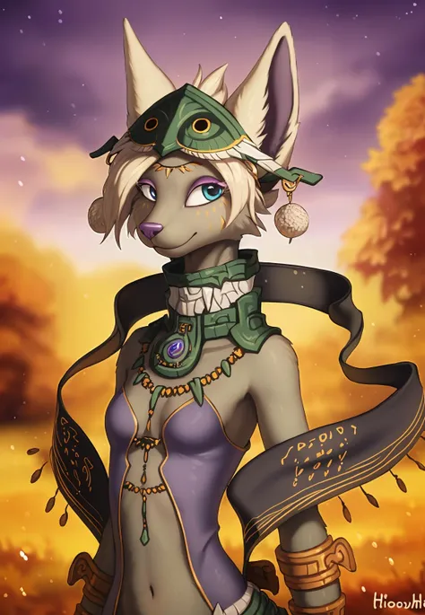 beautiful and detailed portrait, mineruwear,((mineru)) by hioshiru, ((zonai)), long neck,personalami,foxovh, fluffy, blue eyes,  ((slim body)), grey body,long eyelashes collar, necklace, mask, eyeshadow, arm bands, facial markings, 3 eyes, ((bokeh)), purple nose,small breasts, rings,happy,standing, bellybutton,clothing, floating scarf,clouds,trees,cinematic lighting, autumn,black and gold clothing
  <lora:mineru2.2:1>