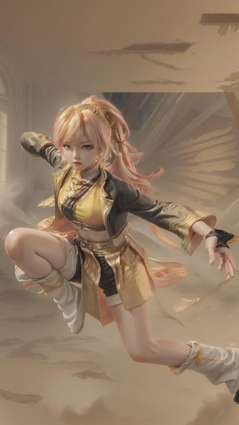 masterpiece, best quality,highres,photorealistic, 1girl, jixiaoman, 1girl, blonde_hair, pink_hair, yellow_clothes, black_clothes, blue_eyes, pony_tail, <lora:Jixiaoman:0.7>, <lora:hairdetailer:0.6>, <lora:more_details:0.5>, martial art,