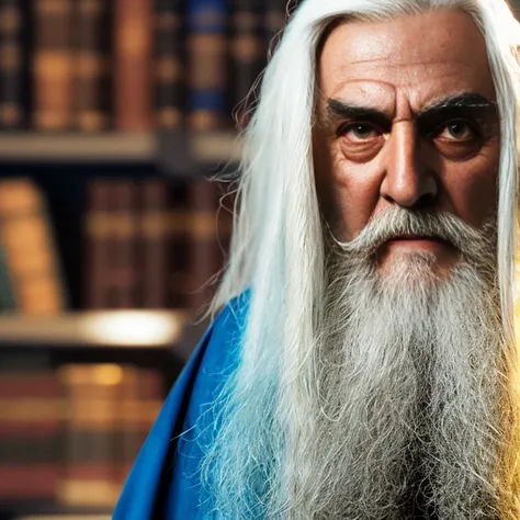 raw photo of arugged fantasy wizard, wearing torn wizard robes, old and wrinkled, long white hair and beard, library, books in foreground, fantasy, wonder, amazing, bright wizard office or study, high contrast, shiny skin, backlighting, bloom, light sparkles, chromatic aberration, sharp focus, 3DMDT1