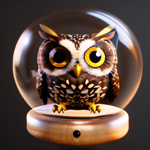 (a little owl inside  in the center of a glass globe with small wooden base: 1.9), owl with cute big eyes and ((fluffy and realistic feathers: 1.2)) ,front , photorealistic, dark background, [[spot of low light from underneath the glass globe: 0.4]], (ray tracing ), rendered in cinema4d , (dramatic shadows:1.4), vignette, 3dmt1