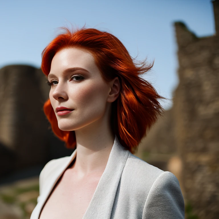 a close up portrait photo of 30 y.o woman, redhair, short haircut, pale skin, slim body, background is city ruins, (high detailed skin:1.2), 8k uhd, dslr, soft lighting, high quality, film grain, Fujifilm XT3, 3DMDT1
