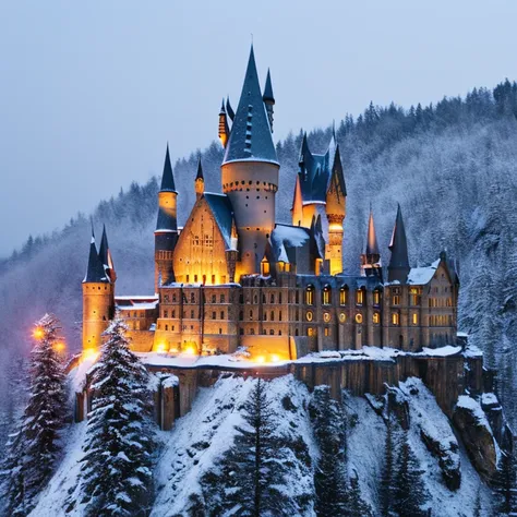 raw photo of Hogwarts castle on a hill above the forbidden forest. Night time, winter, realistic, sharp focus, 8k high definition, insanely detailed, intricate, elegant, on winter day, 3DMDT1
