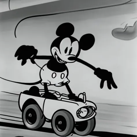 driving, steamboat willie riding a 1956 ford hatchback car vehicle, mickey mouse, greyscale <lora:Steamboat_Willie48-000090:0.75>