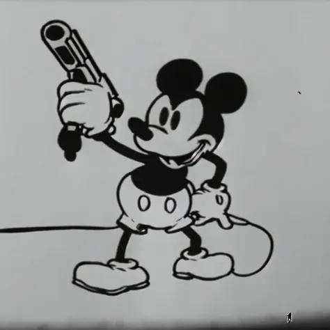 steamboat willie holding a gun, handgun, greyscale, mickey mouse, rubberhose ink and cel animation <lora:Steamboat_Willie48-000090:0.85>