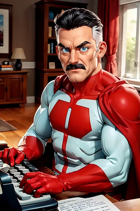 omniman, short hair, blue eyes, mustache,bodysuit, red cape, red gloves, muscular, thick eyebrows, looking at viewer, serious, smirk, sitting, inside a fancy living room, table, typewriter, typing, soft lighting,  high quality, masterpiece,  <lora:Omniman:.8>