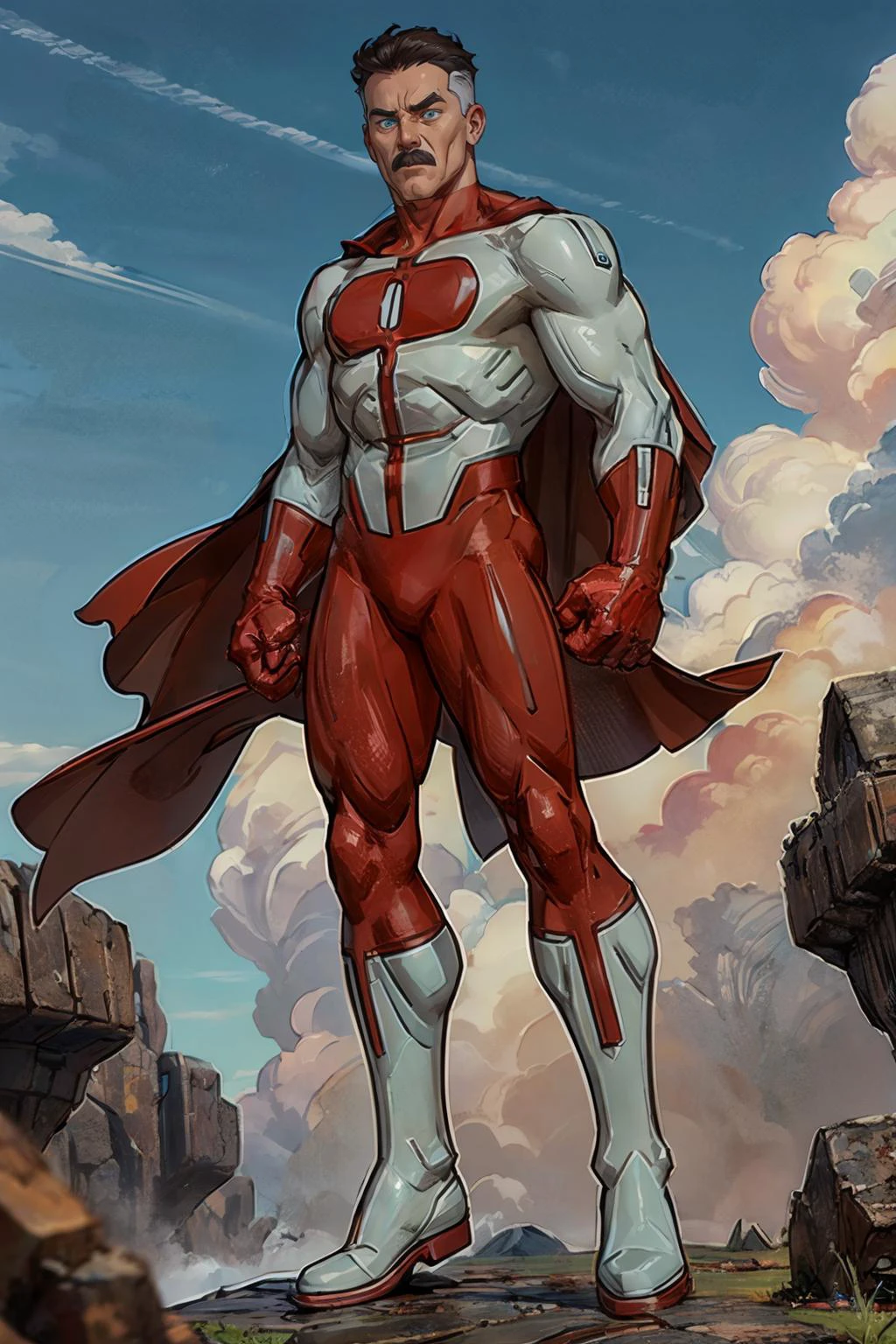 omniman, short hair, blue eyes, mustache,bodysuit, red cape, red gloves, white boots, muscular, thick eyebrows, looking serious, angry,standing, outside, mountain, blue sky, clouds, high quality, masterpiece, <lora:Omniman:.8>