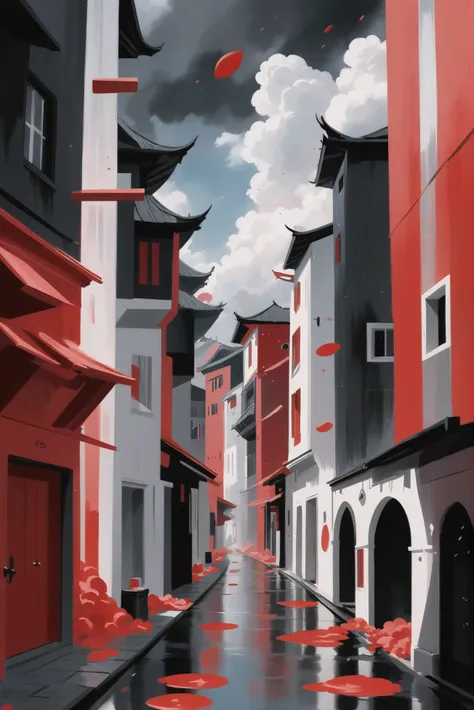 digital painting, <lora:EnvyTritoneXL01 Red-Black-White:1>, vertical,cloud fantasy village at the end of time