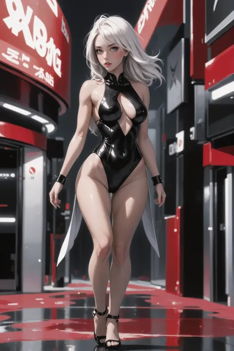Masters of Animation, A perfect masterpiece, On a snow-white background、Cool outfits, Sexy and modern clothing、Sexy mature modern woman standing, Flowing silver hair, Twin tails,Full Body Stand Posture, Thin legs, Large Breasts, Detailed facial details, Natural and beautiful standing posture, Crisp and realistic body detail,(NSFW:0.9)