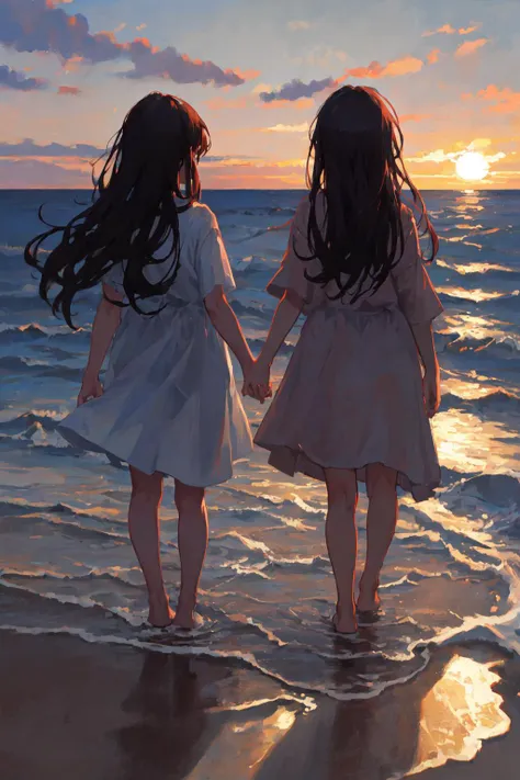 On a moonlit beach, two women walk hand in hand along the shoreline, the waves gently lapping at their bare feet. The silvery light reflects off the water, casting a romantic glow on their faces. With the stars twinkling above and the distant sound of crashing waves, their lips meet in a tender kiss filled with longing and connection. The salty breeze carries their laughter and the scent of the sea, enveloping them in a serene and passionate moment. The scene is captured in a dreamy, soft-focus style using pastel colors and gentle brushstrokes, conveying the timeless nature of their love., from behind, ass,