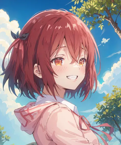 masterpiece, best quality, <lora:nanjo-Hensuki:0.7>, 1girl, nanjo mao, red hair, short hair, hair between eyes, one side up, orange eyes, hair ribbon, (red neck ribbon), school uniform, white shirt, (pink jacket), portrait, sky, clouds, grin, from side, tree, shadow