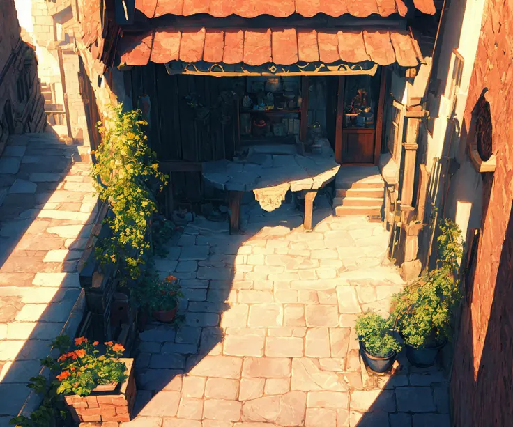 (Masterpiece, best quality:1.3), highly detailed, 8k, top quality, fantasy, hyperrealistic, <lora:FFIX-10:0.9>, best illustration, dynamic view, cinematic, ultra-detailed, full background, FFIXBG, full background, tree, arch, no humans, pavement, flower, bird, potted plant, bridge, road, building, chimney, stairs, fantasy, scenery, grass, from above, city, outdoors, window, plant, railing, beautiful, (film grain:0.7), UHDR,  (details:1.2), [bloom:0.6], extremely detailed, shimmer:0.5, dreamy, amazing composition