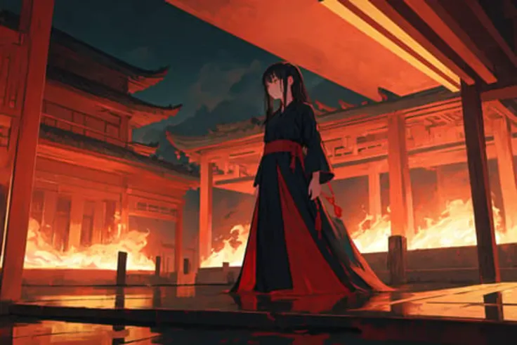 masterpiece, best quality, illustration, scenery, night, landscape, outdoors, (burning:1.2) east asian architecture, 1girl, standing, looking away, detailed messy long black hair, narrowed eyes, sad, black chinese robe dress, blood, planted sword