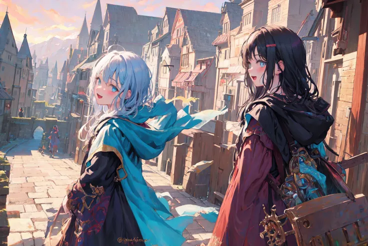 masterpiece, best quality, illustration, colorful, scenery, fantasy, morning, town, crowd, 2girls, from side, walking, adventurer, detailed messy hair, beautiful eyes, detailed face, :d, robe, hooded cloak, backpack