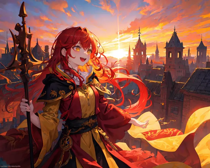 masterpiece, best quality, illustration, colorful, (fantasy:1.1), scenery, sunset, fantasy market, outdoors, crowd, 1girl, holding staff, looking away, detailed messy red hair, yellow eyes, :d, black robe, red capelet