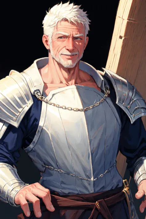 masterpiece, best quality, illustration, 1boy, old man, muscular, white short hair, scar on face, smile, knight armor