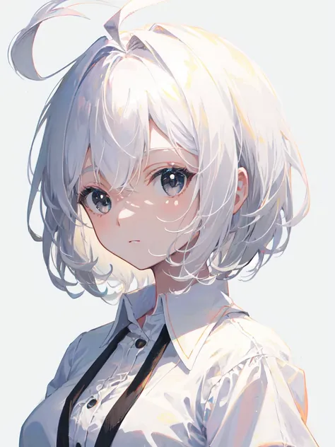 ((masterpiece, best quality)), (1girl), (solo), (female focus), (ahoge, white hair, short hair), black eyes, ((white shirt), (buttoned shirt)), white background, portrait