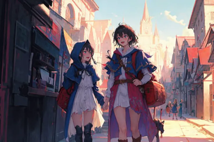 masterpiece, best quality, illustration, colorful, scenery, fantasy, morning, city, yuri, 2girls, walking, looking away, adventurer, detailed messy hair, beautiful eyes, detailed face, :d, robe, hooded capelet, medieval backpack