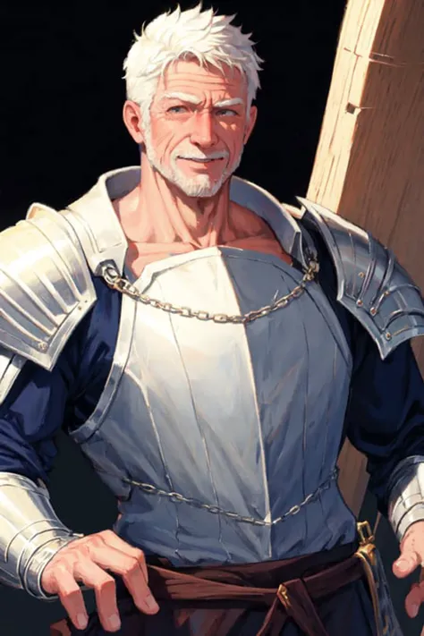 masterpiece, best quality, illustration, 1boy, old man, muscular, white short hair, scar on face, smile, knight armor