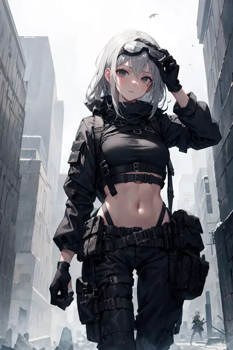 masterpiece, best quality, scenery, ruined city, fog, 1girl, beckoning reaching towards viewer, breasts, messy grey hair, black eyes, long sleeves black techwear crop top, black pants, gloves, holster, harness, pouch, goggles on head, navel