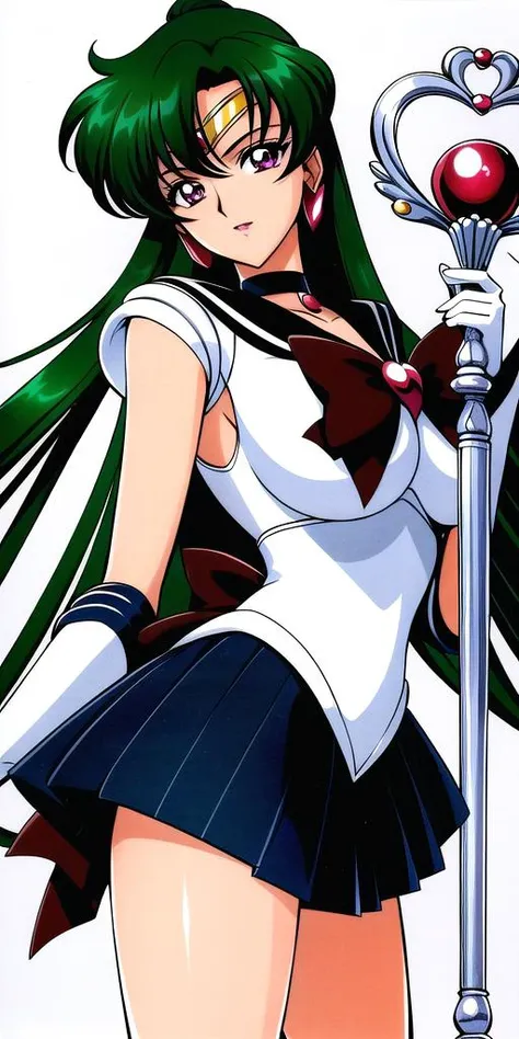 <lyco:SetsunaMeiouV3:0.7>, SetsunaMeiou, large_breasts, standing, solo, Pluto_sailor_senshi_uniform, staff_GarnetRod, masterpiece, best quality, detailed face, detailed eyes, highres,