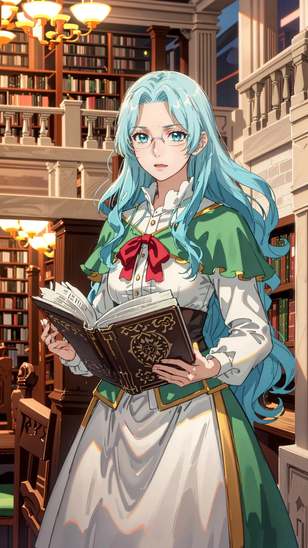 sehele style, <lora:sehele:0.4>, best quality, (masterpiece:1.2), detailed, (((curious expression))), (((looking into a book))), long hair, aqua hair, aqua eyes, round glasses, green shoulder cape, red ribbon, blouse, corset, long dress, (((cowboy shot))), (((dynamic pose))), (masterpiece, best quality, ultra detailed, beautiful illustration), atmospheric perspective, depth of field, beautiful detailed eyes, dynamic pose, dynamic angle, 1girl, ((indoors, library background)), 8k, 16k, trending on pixiv, fanbox, skeb, masterpiece, detailed face, digital painting, (best quality, ultra detailed), (detailed background:1.2), (perfect face, detailed face), (mature female:1.4), <lora:Eva Aensland:0.7>