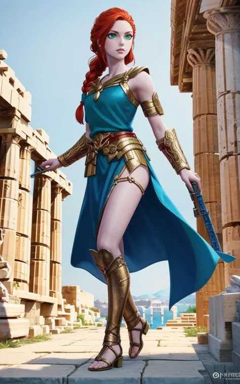 sehele style, anime, hda, a full body of a woman with red braided ponytail hair and (((the most beautiful green eyes))) in (((blue Ancient Greece female soldier outfit))), (((determined))), <lora:hda:0.4>, 8k, Unreal Engine 5, octane render, 8k, 4k, Unreal Engine 5, octane render, trending on pixiv, fanbox, skeb, masterpiece, smooth soft skin, big dreamy eyes, beautiful intricate colored hair, anime wide eyes, soft lighting, concept art, digital painting, <lora:sehele:0.4>, (((Ancient Greece city background)))