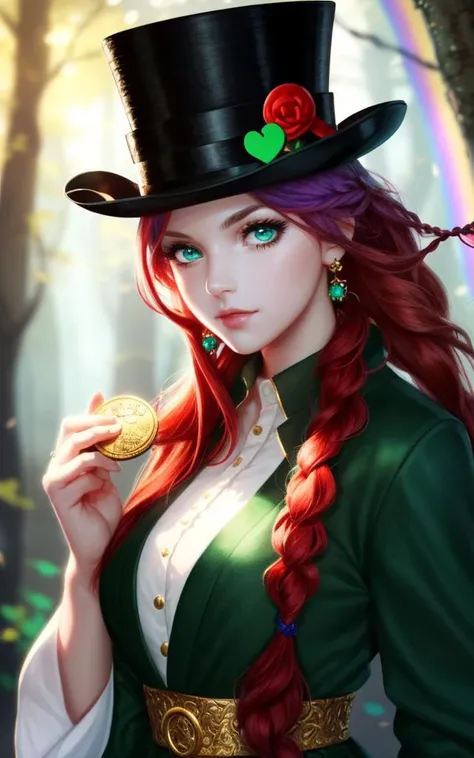 sehele style, anime, leprechaun girl, (((top hat))), st Patrick's Day, holding a tiny gold coin in her hand, (((red braided hair))), ((the most beautiful green eyes)), ((magical forest)), (((rainbow))), (((tomboy))), 8k, Unreal Engine 5, octane render, 8k, 4k, Unreal Engine 5, octane render, trending on pixiv, fanbox, skeb, masterpiece, smooth soft skin, big dreamy eyes, beautiful intricate colored hair, anime wide eyes, soft lighting, concept art, digital painting, <lora:sehele:0.4>,