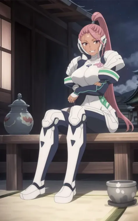 sehele style, <lora:sehele:0.4>, (((full body view))), (((((sitting))))), valrie, a woman with a (((dark tanned skin))) and a pink hair, a lock of hair that hangs over the left side of her face, hazel eyes, in a white armored dark blue bodysuit, seam line on her face that goes through her right eye, 8k, smiling, Unreal Engine 5, octane render, smooth soft skin, big dreamy eyes, beautiful intricate colored hair, anime wide eyes, soft lighting, digital painting, (((Japanese village background))),  <lora:valrie:0.7>