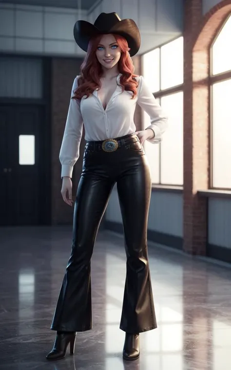 sehele style, <lora:sehele:0.4>, daw, (((full body view))), a woman with a red hair and blue eyes, cowboy outfit with a hat, sexy shirt, leather pants, smiling, 8k, Unreal Engine 5, octane render, smooth soft skin, big dreamy eyes, beautiful intricate colored hair, anime wide eyes, soft lighting, digital painting, <lora:daw:0.4>
