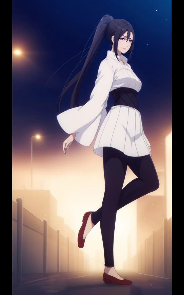 (((looking at camera))), sehele style, <lora:sehele:0.4>, (((full body view))), lixu, a woman with long black ponytail hair, purple eyes, (((three front hair strands))), a white one-piece outfit, a black waistband, black tights, red shoes, smiling, 8k, Unreal Engine 5, octane render, smooth soft skin, big dreamy eyes, beautiful intricate colored hair, anime wide eyes, soft lighting, digital painting, <lora:lixu:0.4>, empty city street at night background