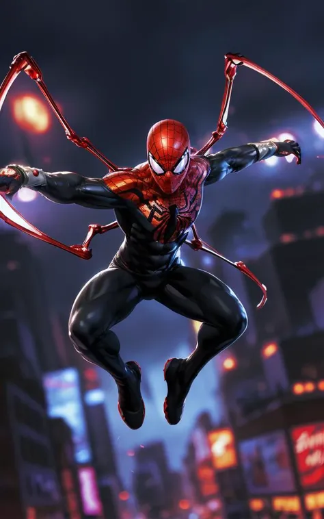 sehele style, <lora:sehele:0.4>, (((full body view))), supspr, superior spider-man flying through the city, a man, four red metal legs, silver bracelets, sharp fingers, 8k, Unreal Engine 5, octane render, smooth soft skin, big dreamy eyes, beautiful intricate colored hair, anime wide eyes, soft lighting, digital painting, (((New York background))),  <lora:supspr:0.7>