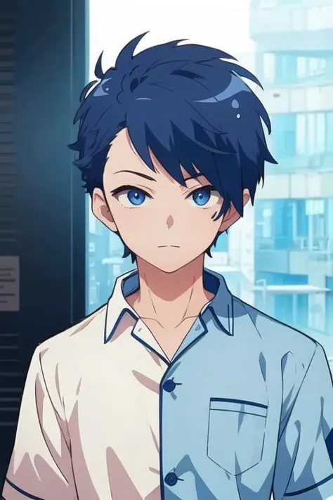 masterpiece, best quality, , 1boy, solo, male focus, looking at viewer, upper body, , <lora:makoto_oda:0.66>, makoto_oda, blue hair, blue eyes, pajamas, hat