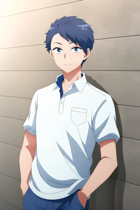 masterpiece, best quality, 1boy, makoto_oda, portrait, straight-on, upper body, looking at viewer, against wall, brick wall, blue hair, blue eyes, light smile, polo shirt, untucked shirt, blue pants, hands in pockets,
