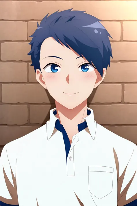 masterpiece, best quality, 1boy, makoto_oda, portrait, straight-on, close up, upper body, looking at viewer, against wall, brick wall, blue hair, blue eyes, nervous smile, light blush, polo shirt,