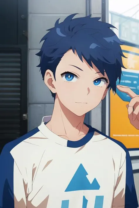 masterpiece, best quality, illustration, 1boy, solo, male focus, looking at viewer, upper body, , <lora:makoto_oda:0.64>, makoto_oda, blue hair, blue eyes, shirt,