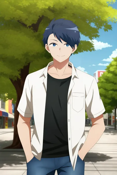 masterpiece, best quality, 1boy, makoto_oda, standing, upper body, looking at viewer, light smile, (casual, layered clothes, dress shirt, open shirt, black t-shirt), jeans, hands in pockets, park, tree,