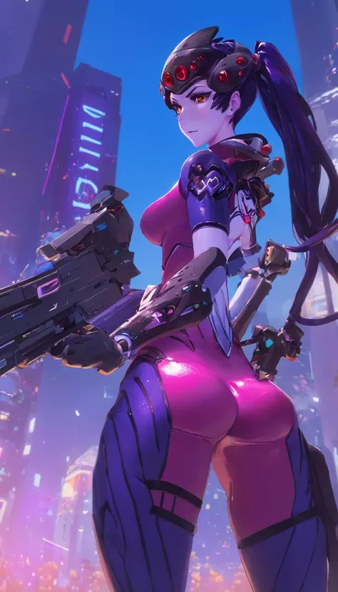anime artwork Cinematic scene, hero view, Widowmaker, Overwatch <lora:widowmaker_xl_v1:1>, action pose, detailed background, masterpiece, best quality, high quality, absurdres . anime style, key visual, vibrant, studio anime, highly detailed