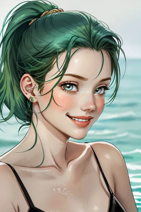 <lora:AnastasiaCebulska_v1:.9> AnastasiaCebulska, focus on eyes, close up on face, laughing, light sea green hair styled slicked-back ponytail hair