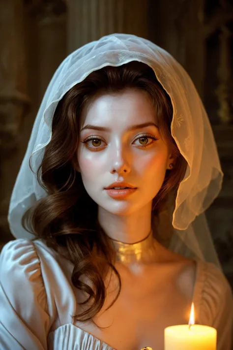(eye level, closeup on face:1.2) photo of <lora:AnastasiaCebulska_v1:.9> AnastasiaCebulska, she is wearing ghost costume , she is wearing watch, her hair is styled as blunt shoulder-length hair, BREAK she is (in an abandoned castle:1.1), candlelight, Ektar 100 ,50mm ,