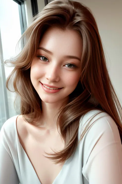 Young woman in her 20s、Slender figure、Breast D cup、sexyな感じ、Hair semi-long、Brown Hair、Double eyelids、Big eyes、Gently moisturized eyes、In front of the cafe、Daytime、sunny、early summer、Smiling face、I&#39;m going to have a coffee at the cafe、outside、White shirt、Stylish feel、High quality image quality、Highest quality、White skin、Japanese、eye shadow、Earrings、Legs crossed、sexy、Adult Cute、