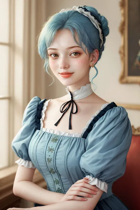 portrait photo of <lora:AnastasiaCebulska_v1:.9> AnastasiaCebulska, focus on smiling face, wearing victorian clothing , her Robin Egg Blue hair is styled as side bun,