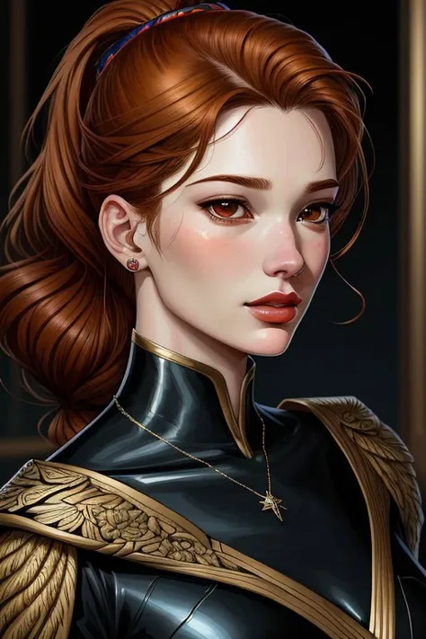 comic, graphic illustration, comic art, graphic novel art, vibrant, highly detailed <lora:AnastasiaCebulska_v1:.9> AnastasiaCebulska, focus on eyes, close up on face, wearing jewelry, color caramel hair styled slicked-back ponytail hair