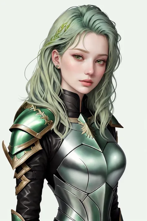 headshot photo of <lora:AnastasiaCebulska_v1:.9> AnastasiaCebulska coloring book line art, focus on face, wearing leather armor , her frost green color hair is styled as piece-y lob hair,