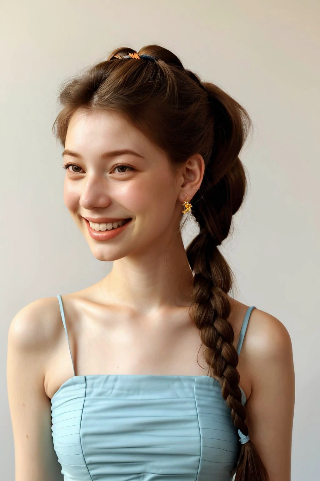 upper body photo of <lora:AnastasiaCebulska_v1:.9> AnastasiaCebulska coloring book line art, focus on smiling face, wearing a summer dress , her hair is styled as dutch fishtail side ponytail,