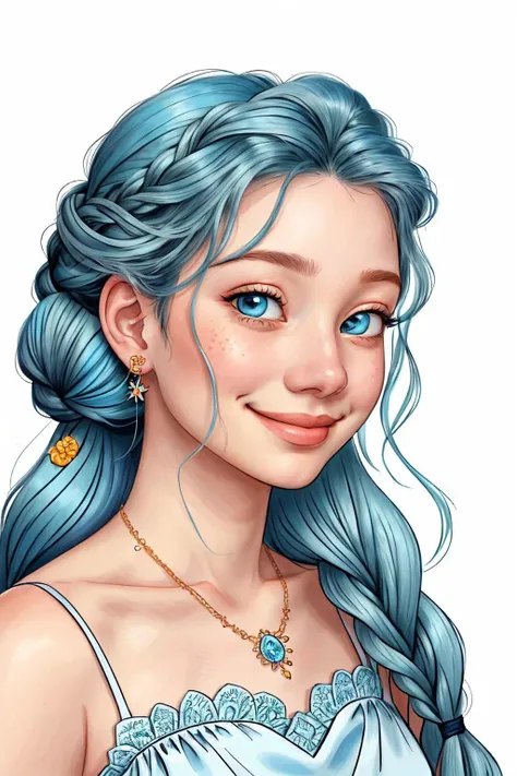 <lora:AnastasiaCebulska_v1:.9> AnastasiaCebulska coloring book line art, focus on eyes, close up on face, grinning, wearing jewelry, Ice Blue hair styled Curly Dutch Braid