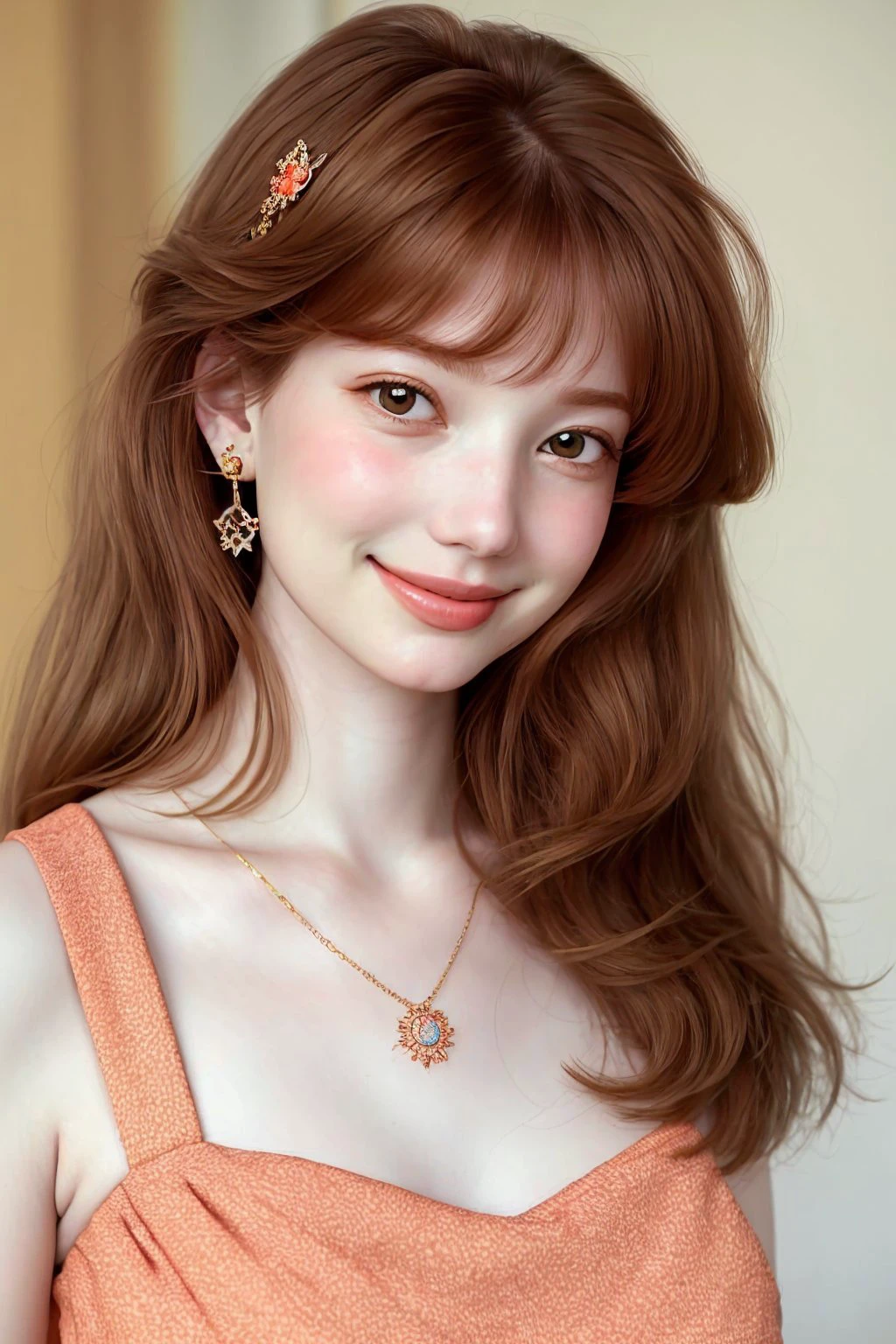 <lora:AnastasiaCebulska_v1:.9> AnastasiaCebulska coloring book line art, focus on eyes, close up on face, grinning, wearing jewelry, Coral color hair styled Straight Full Bangs