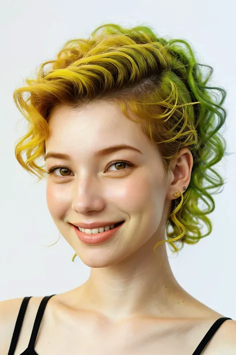 <lora:AnastasiaCebulska_v1:.9> AnastasiaCebulska coloring book line art, focus on eyes, close up on face, smiling, lemon-lime color hair styled Curly Mohawk