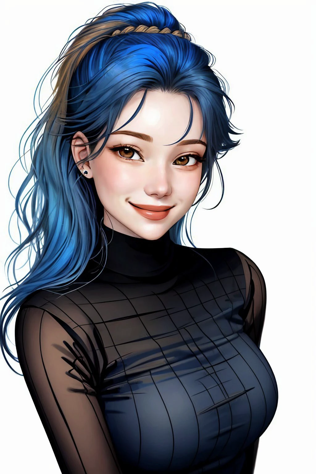 headshot photo of <lora:AnastasiaCebulska_v1:.9> AnastasiaCebulska coloring book line art, focus on smiling face, wearing a form-fitting sweater , her dodger blue color hair is styled as messy half-up hair,